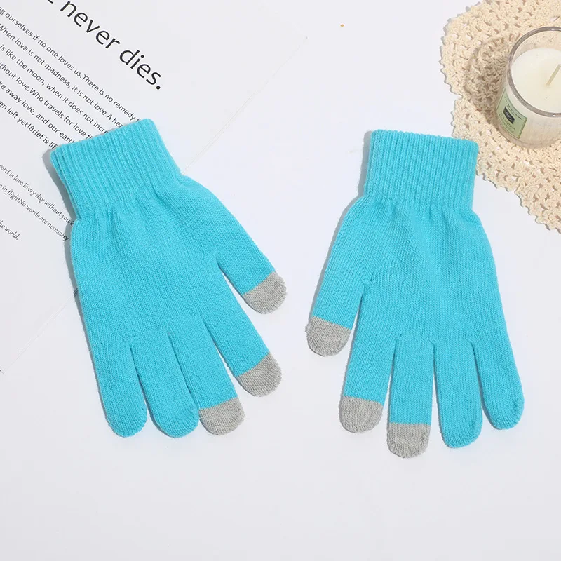 متعدد الألوان الاكريليك ثلاثة أصابع لمس قفازات الخريف الشتاء الدافئة سميكة قفازات الدراجات محبوك خمسة أصابع قفازات #3