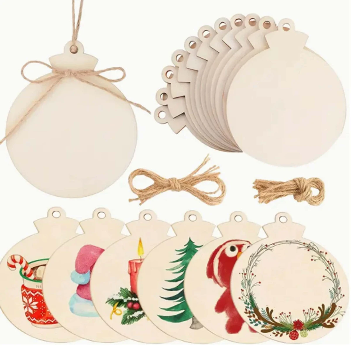 10pcs/set - Unfinished wooden circular labels with hemp rope, used for painting, handicrafts, and home decoration