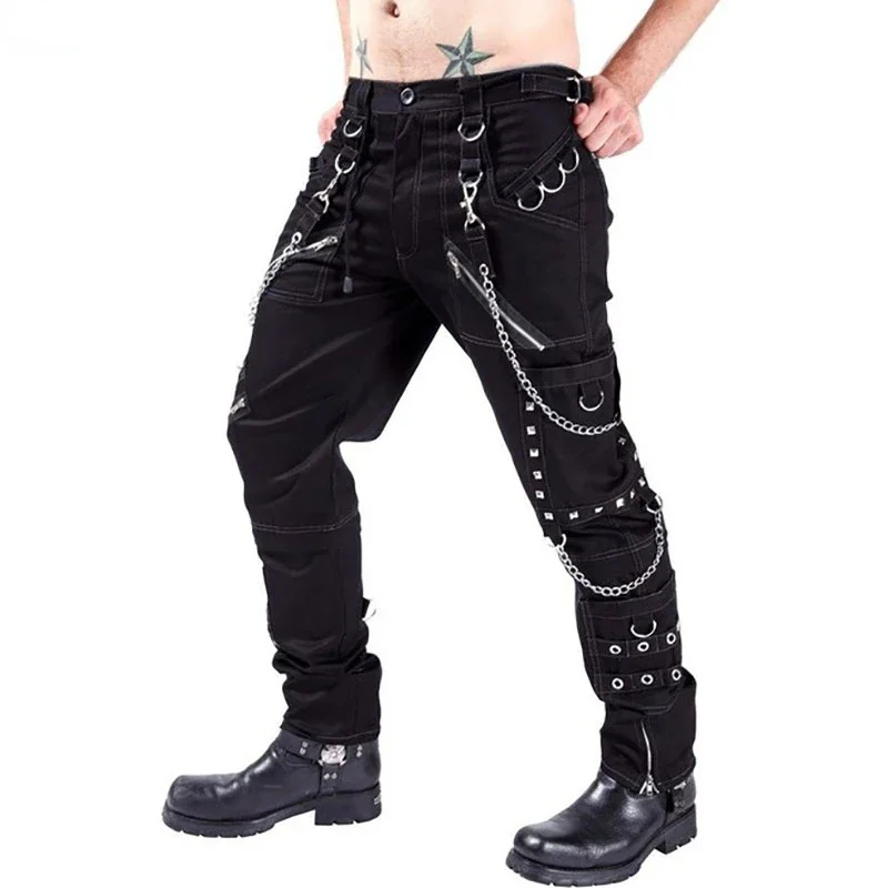 

Mens Hip Hop Rock Punk Gothic Pants Cotton Casual Buckle Zips Chain Strap Trousers Men Street Dance Work Daily