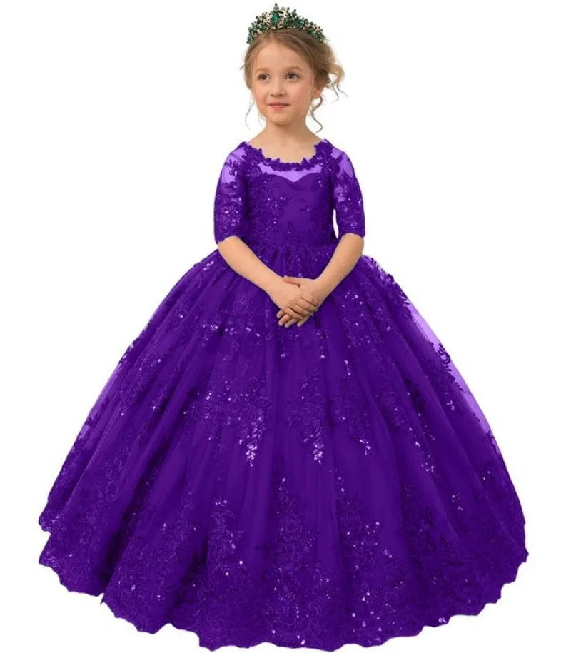 Vestidos largos de flores para niña, vestido de fiesta de quinceañera, vestido de baile, vestido de desfile de cumpleaños, tul con lazo, apliques de boda, púrpura