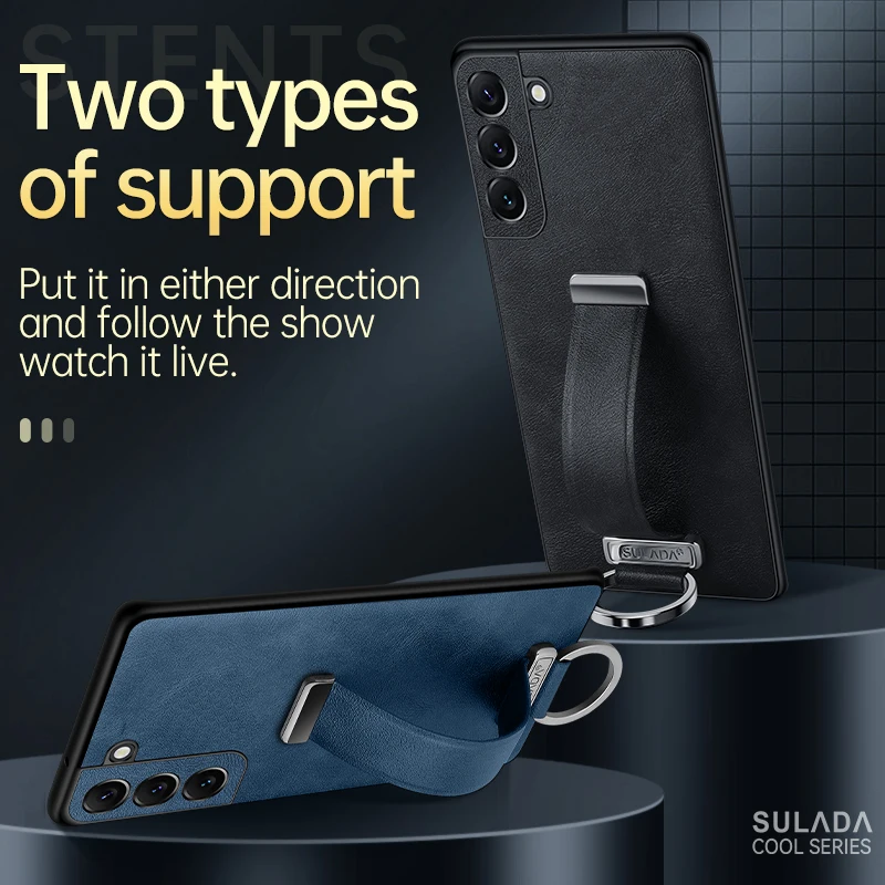 Custodia per telefono con anello in pelle con staffa per cinturino da polso per Samsung Galaxy S25Ultra S25 Plus per Galaxy S24 S23 Ultra Plus Cover per telefono Shell