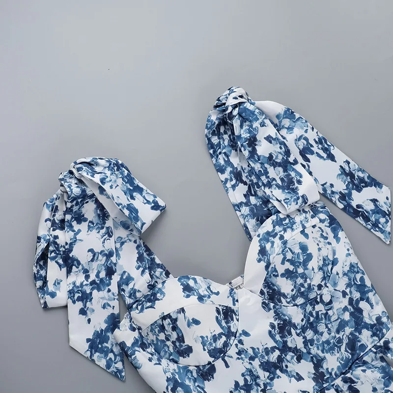 セクシーな花柄プリントノースリーブミニドレス女性ちょう結び肩スリムフィット A ラインスカート休暇夏のファッション