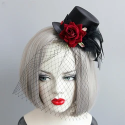 Gothic punk retro red rose feather mesh sexy Comic-Con small top hat show headwear accessories