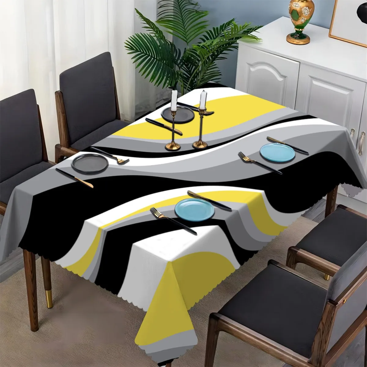 Modern Curve Tablecloth, Gray Yellow Wave Background Pattern, Waterproof Table Cover for Daily Meals & Home Party Use