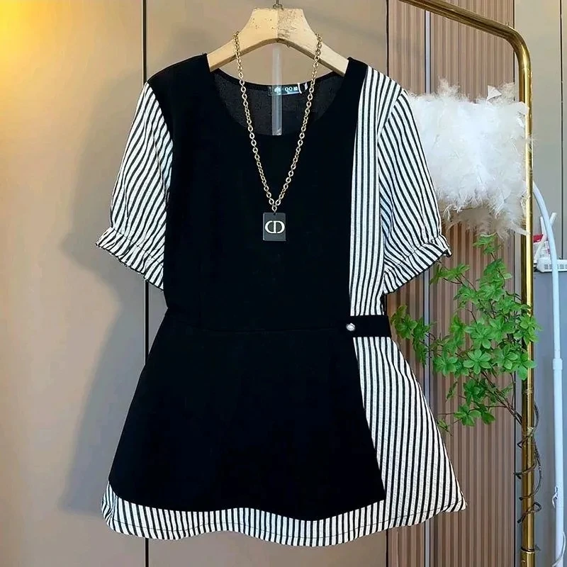 Plus Size Women's Shirt Slimming Patchwork Waist-Cinching Fake Two-Piece Summer New Style Fashionable Age-Defying Top Trendy