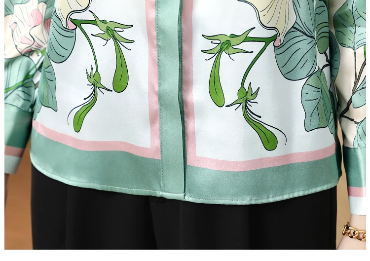 ZAROY Luxury Satin Women's Shirt Green Lotus Print Long Sleeve Lapel Blouse Elegant Vintage Chic Office Wear Camisas Streetwear