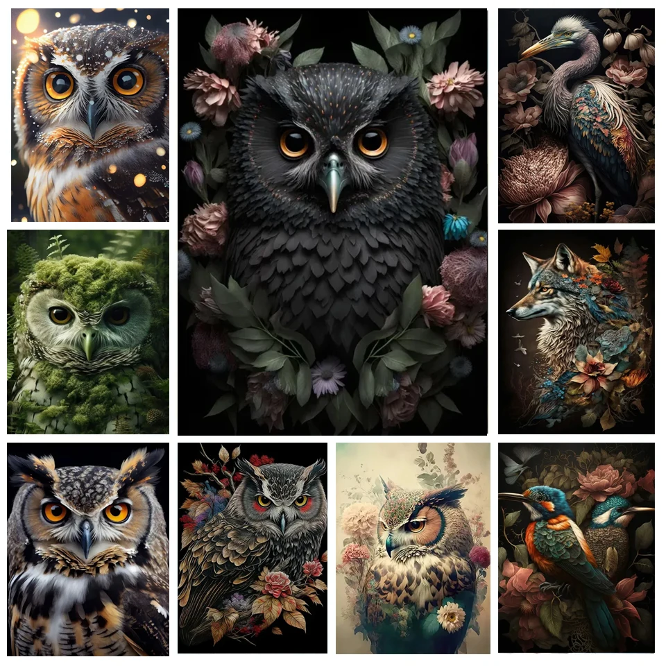 

DIY Diamond Painting Animal Birds, Black Owls, and Flowers Rhinestone Full Diamond Mosaic Embroidery Cross Stitch Kit G360