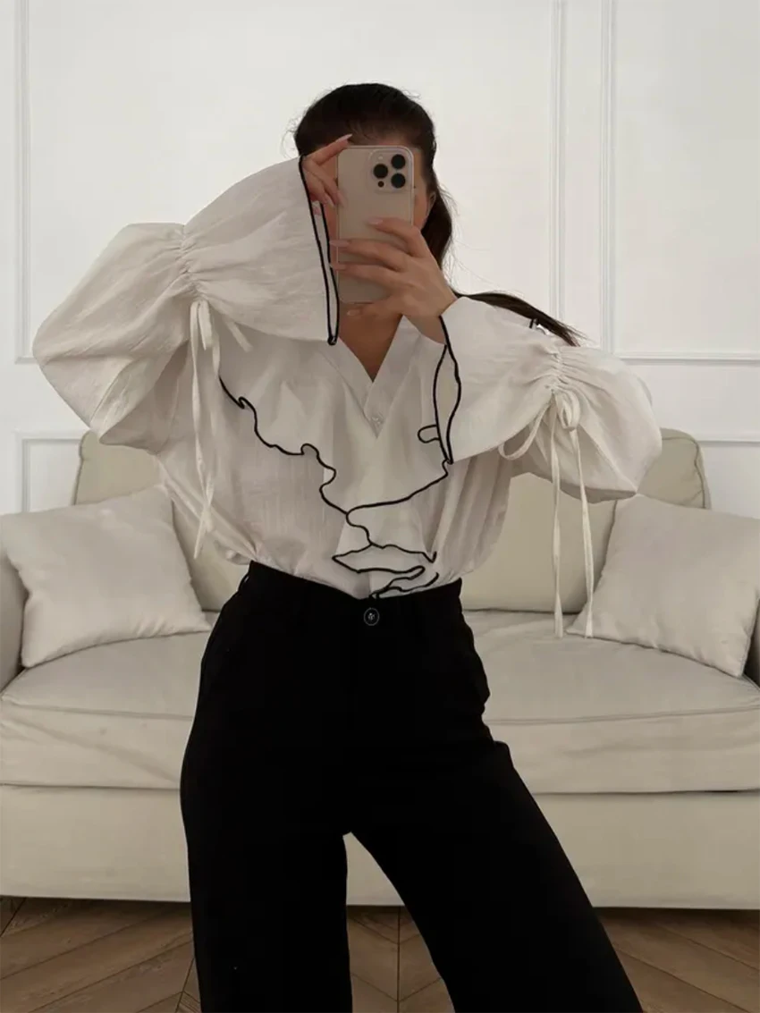 Parc Fee mode ample blanc bureau femmes chemise 2025 décontracté col en v à manches longues chemise élégante volants haut rigide femme vêtements