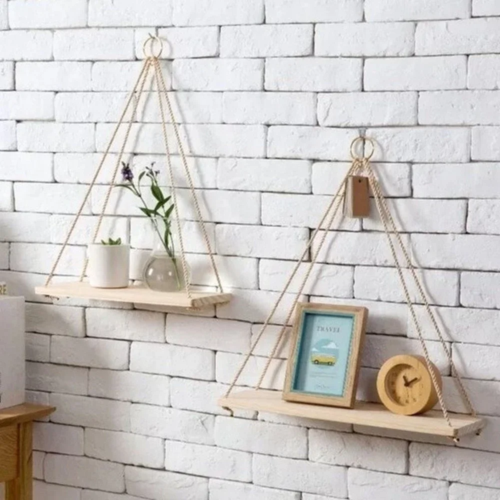 Wood Swing Hanging Rope Wall Mounted Floating Shelves Plant Flower Pot Indoor Outdoor Decoration