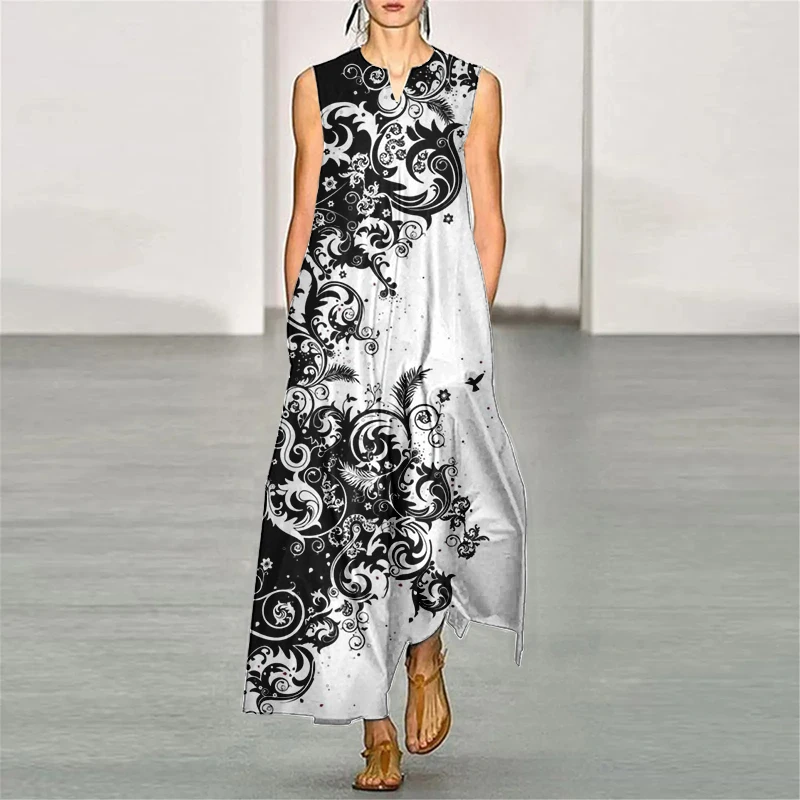 Letnia nowa czarno-biała długa sukienka z kwiatowym nadrukiem dla kobiet Casual V-neck Sleeveless Maxi Dress Holiday Party Evening Gowns