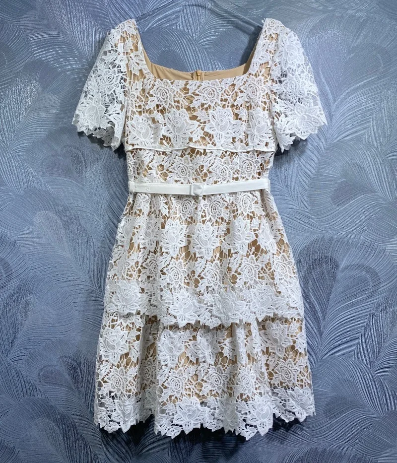 

Novia Party 2024 Summer Dress High Quality Ladies Sexy Square Collar Allover Crochet Lace Embroidery Short Sleeve Ruffle Dress