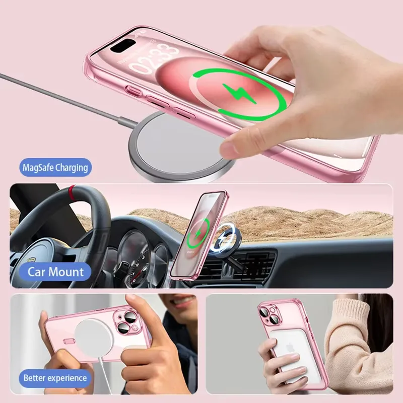 Clear Plating Ultrathin Silicone Case For iPhone 16 15 14 13 12 11 Pro Max 16 Plus Magsafe Magnetic Lens Film Protect Cover Pink - náhled 5