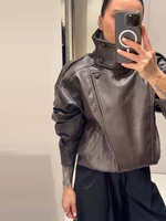 Chaqueta de Cuero Sintético para Mujer, Primavera 2026, Marrón y Negro, Manga Larga, Cuello Alto, Gruesa, Holgada, Estilo Motociclista, Ropa de Calle