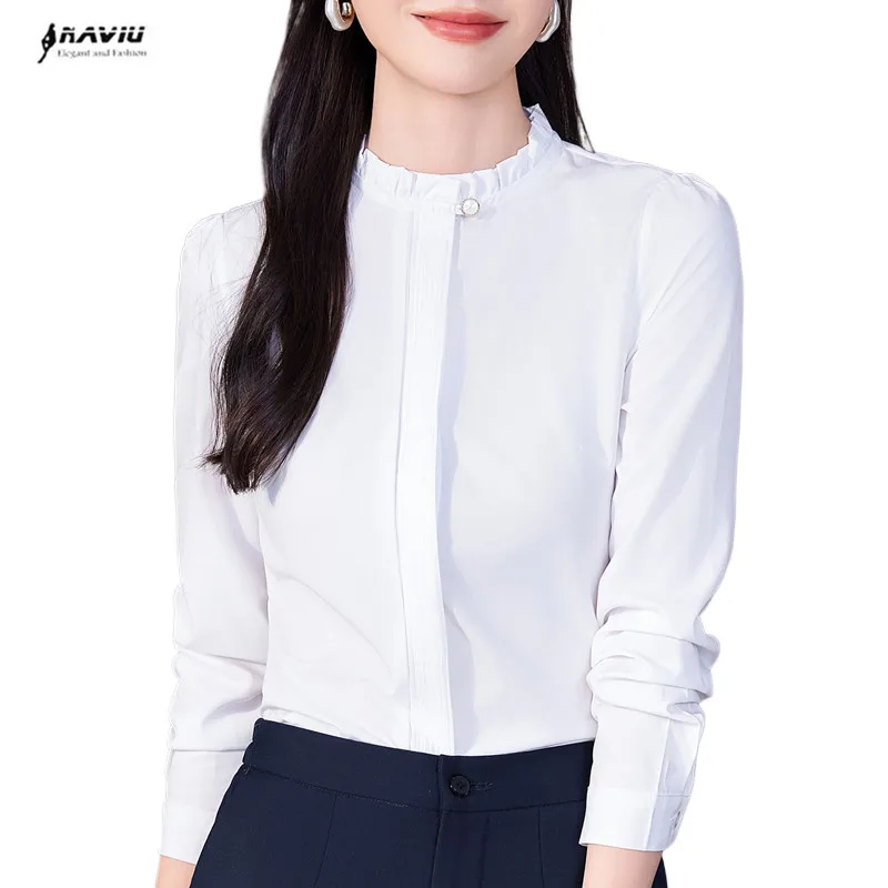 NAVIU Stand Collar Chiffon Shirt Spring Autumn Korean Fashion Blazer Lace Elegant Long Sleeve White Formal Office Ladies Tops