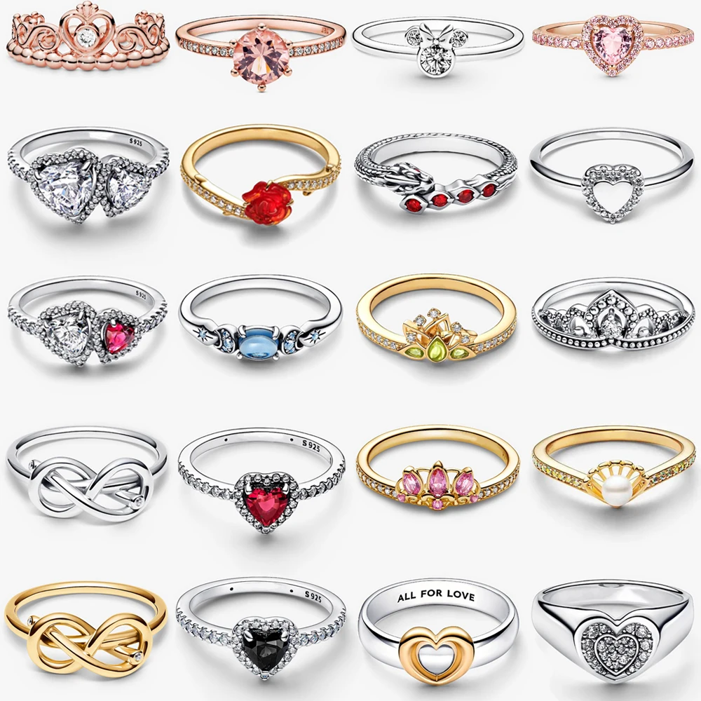 

2026 New 925 Silver Eternal Sparkling Pearl Cuffled Long Hair Princess Noble Heart Crown Bow Ring DIY Exquisite Charm Jewelry