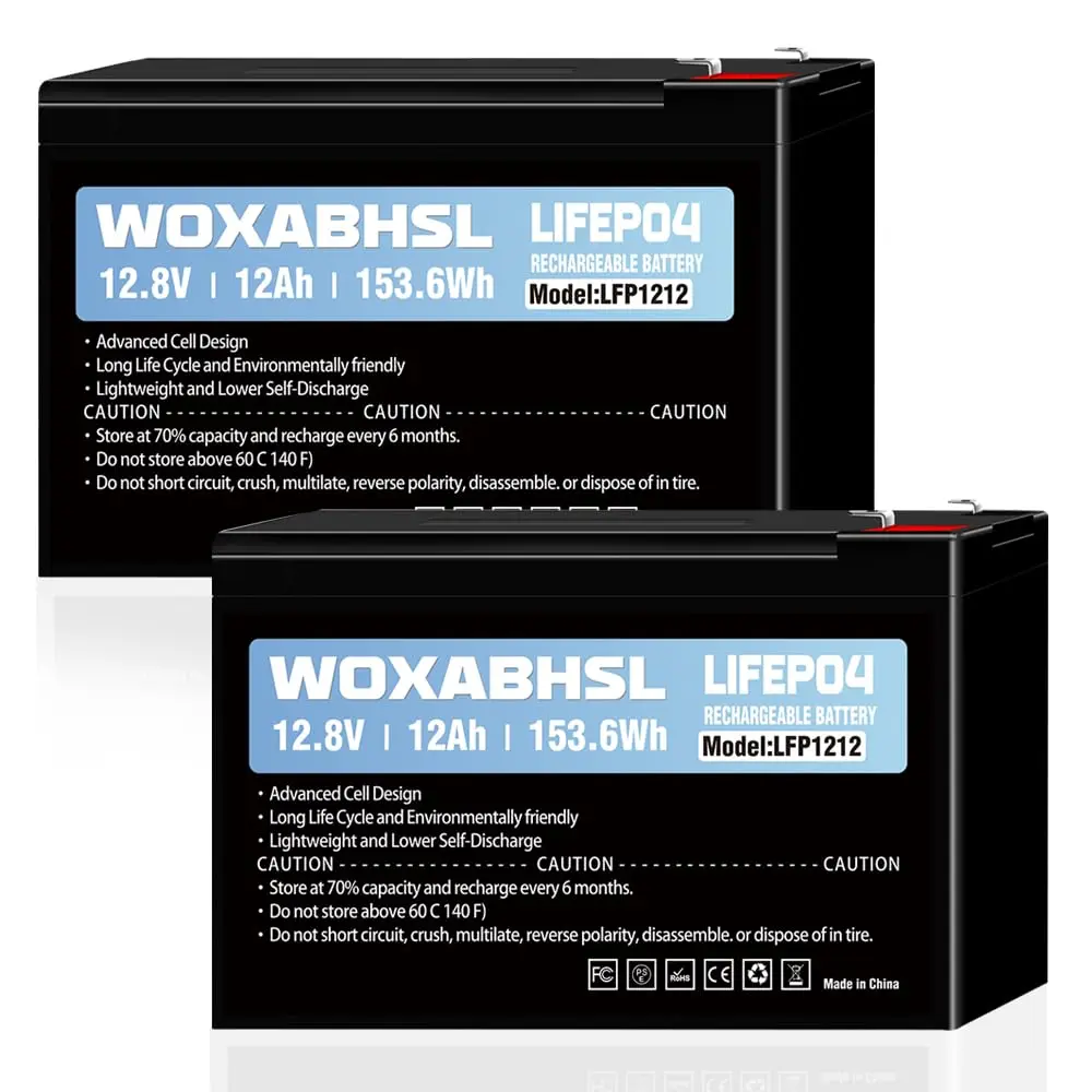 12V 12Ah LiFePO4 Lithium Battery, 2PCS,5000+ Deep Cycle Rechargeable Battery for Solar Power, UPS, Lighting, Power Wheels