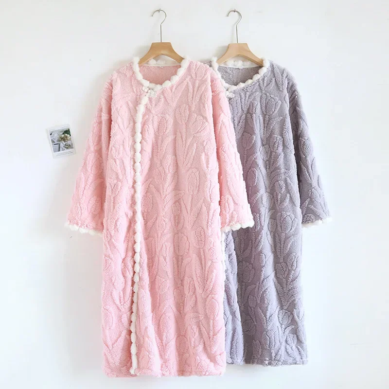 2024 New Autumn/Winter Women\'s Flannel Sleeping Skirt Long Sleeve Thickened Warm Long Style Loose Sleeper Robe Home Clothing