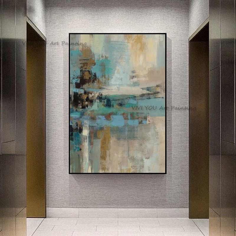Handpainted 3D Layered Aqua Brown Abstract Acrylic Oil Painting Tall Vertical Canvas Modern Home Wall Decor