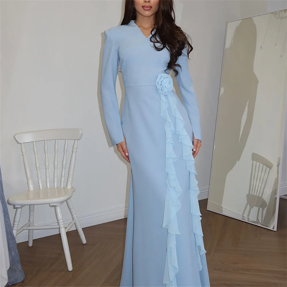 

ROYET Pleat Classic V Neck Long Sleeve Mermaid Evening Dress Ankle Length Simple Elegant Prom Gown For Woman Customized New 2025