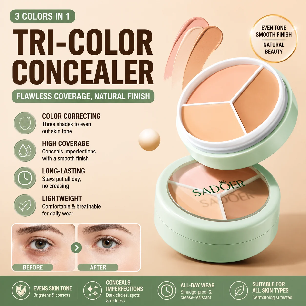 Repairing and Beautifying Three Color Concealer, Spot and Pockmark, Repairing Basic Dark Circles, Not Easy to Stick Powder