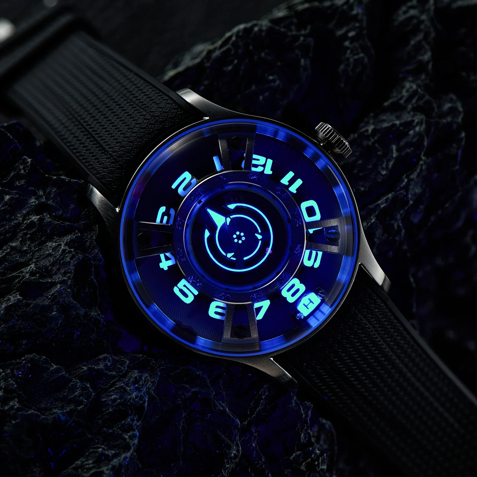 OBLVLO Men\'s Mechanical Watch Curvature Engine Starship Rotor Mechanical Watch Ultra Luminous Blue Night Light Automatic Watch