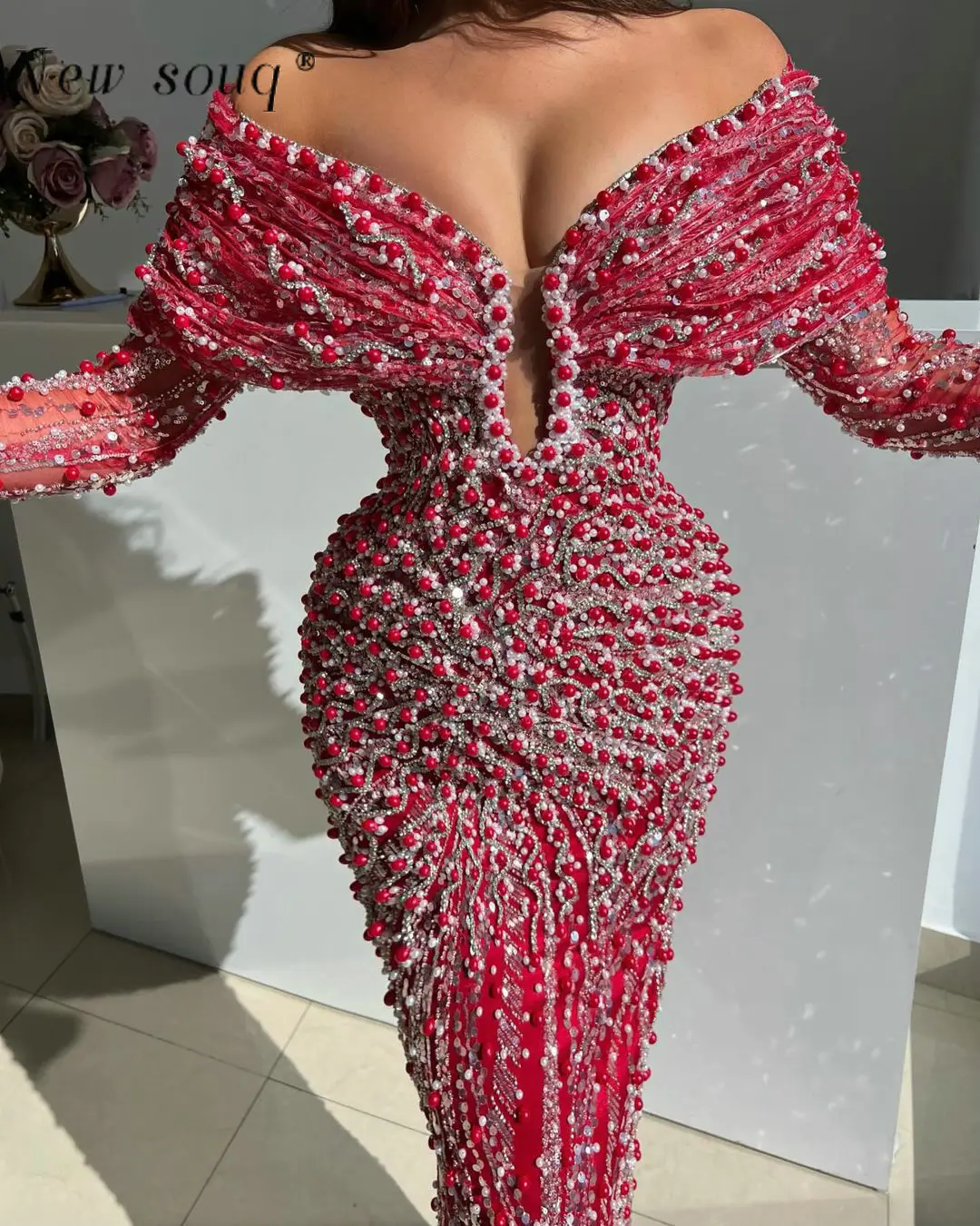 Customized Red Heavy Pearls Beaded Off Shoulder Long Sleeves Evening Dresses Mermaid Sparkle Formal Wedding Dinner Party Gowns