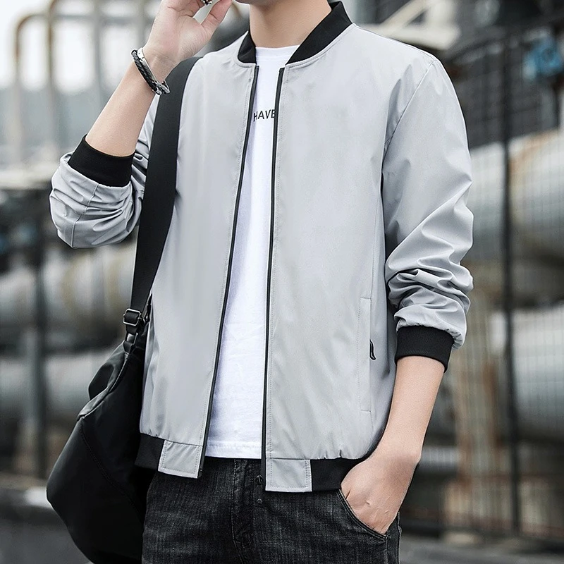 

Men's Jacket Spring Autumn Solid Color Stand Collar Jacket Slim Long Sleeves Zip Pocket Designs Youth Sports Baseball Coat M-5XL