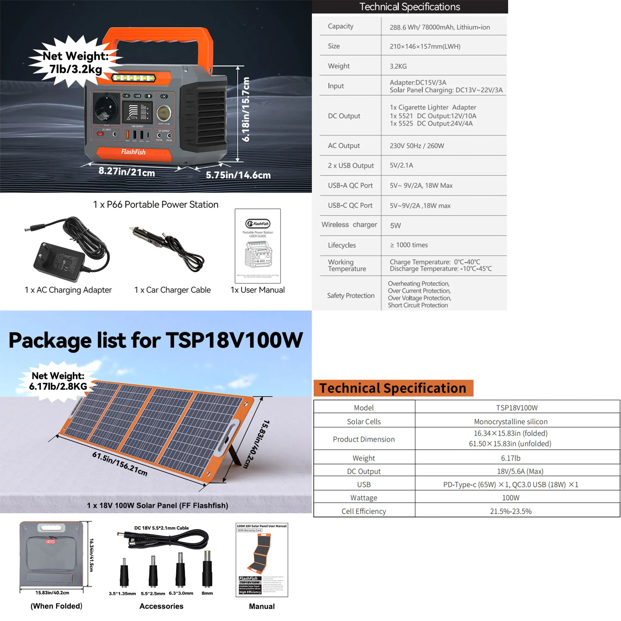 P66 Draagbare Powerstation 300W Nominaal Vermogen (600W Piekmoment) Zonnegenerator 2 DC-poorten, 4 USB-poorten, LED-verlichting, Noodstroomgenerator Batterij Kamperen