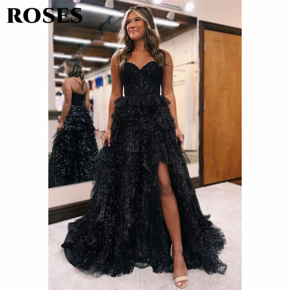 ROSES Black Prom Dress Princess Sweetheart Glitte A-Line Evening Dress Detachable Sleeves Party Dress With Appliques Lace 프롬드레스