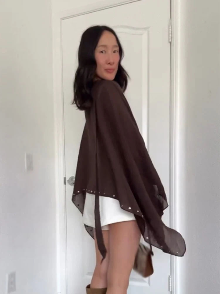 

HH Women's Summer Chic Loose Pullover Blouses Solid Scarf Collar Rivet Decoration Female New Fashion Long Sleeves Tops