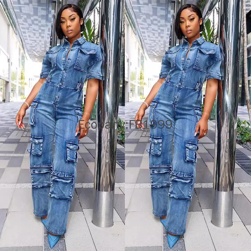 New Women Denim Short Sleeve Mult Pockets Jumpsuits Summer Fashion One Piece Overalls Single Breasted Trousers Casual Streetwear