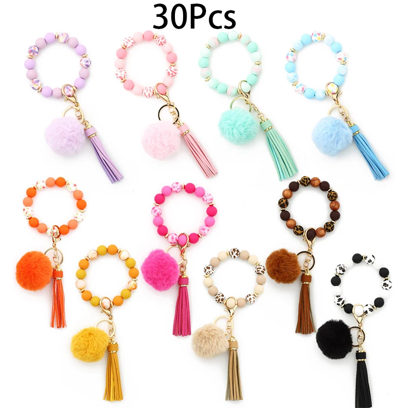 30Pcs Silicone Wristlet Keychain Silicone Bead Tassel Bracelet Key chain keyring Jewelry Gift Siliconehairball Keychain Bangle