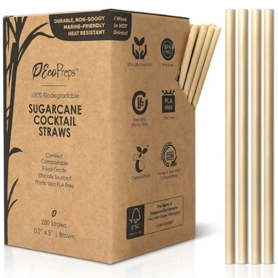 5" Short Biodegradable Sugarcane Cocktail Straws 200 Count, 100% Compostable, Plastic-Free, Eco-Friendly Drinking Straws