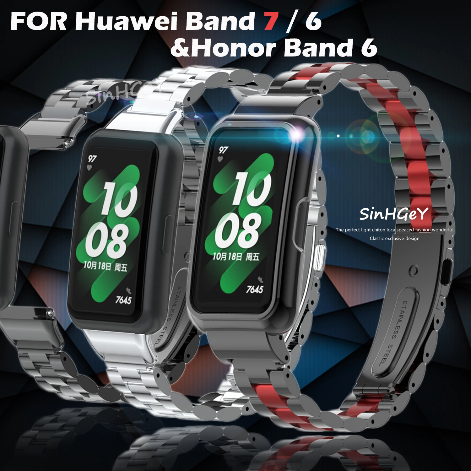 SinHGeY for Huawei Band 7 6 Honor Band 6 Metal Strap Stainless Steel Bracelet Replacement Wristband for for Huawei Band 6