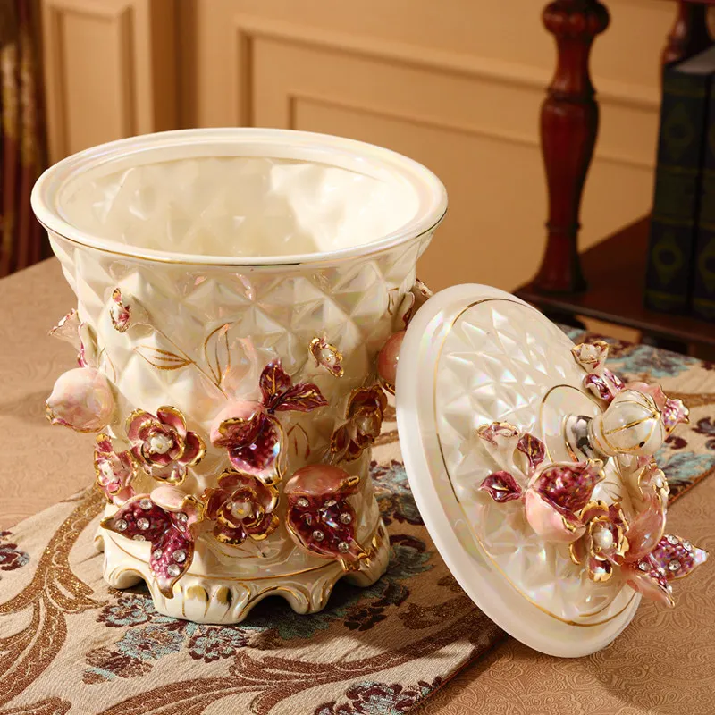 European Ceramic Trash Can Large Capacity With Lid Vintage American Style Storage Bucket For Living Room Kitchen Bathroom