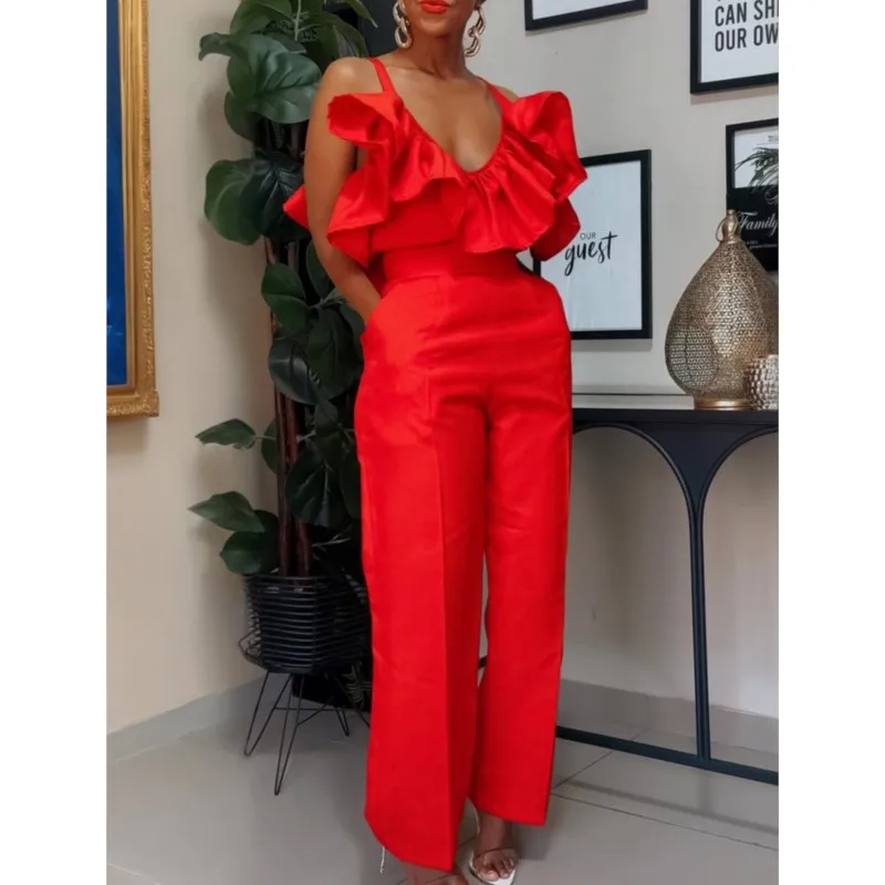 Women Two Pieces Pants Set 2025 Summer V Neck Strap Crop Tops Ruffles High Waist Trousers Sexy Female Suit Fashion Party Outfits