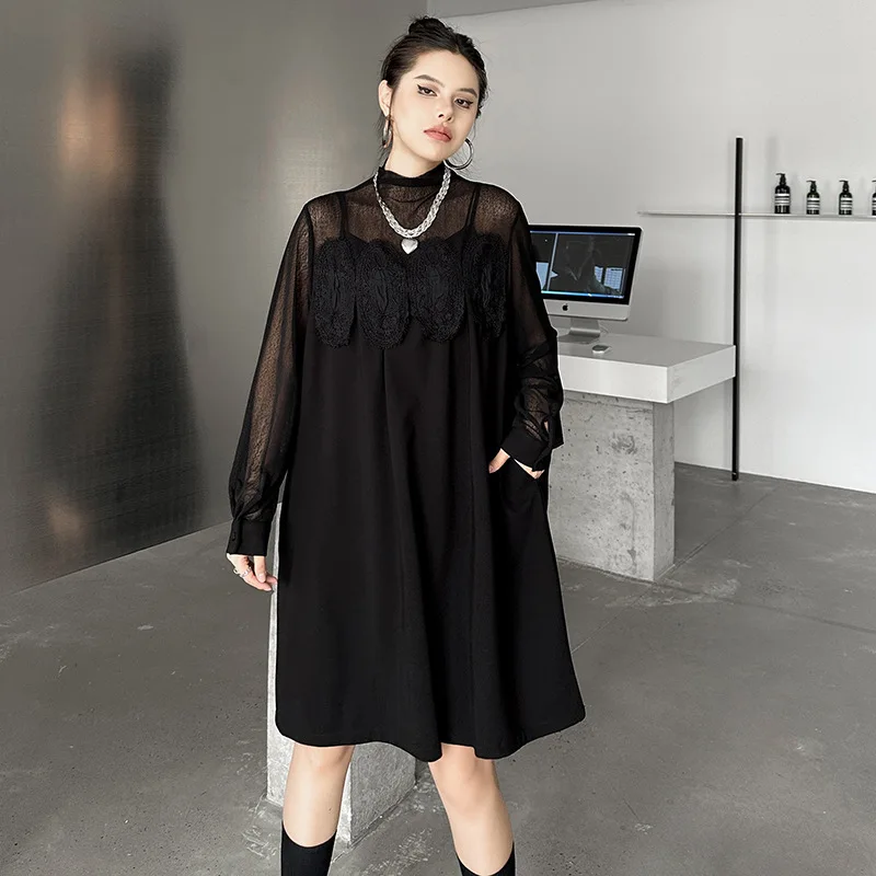 

Women Solid Mesh Dresses A Line Sheer Dress Lace Spliced Mini Lenth Long Sleeve O Collar Loose Casual Office Lady 2025 Summer