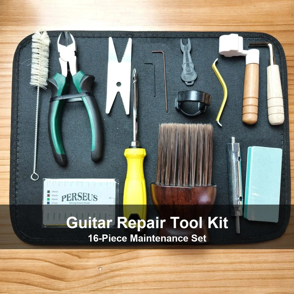Guitar Repair Tool Kit 16-Piece, Luthier Tools with String Winder, Pliers, Screwdriver, Fret File, Ruler for Guitar Bass