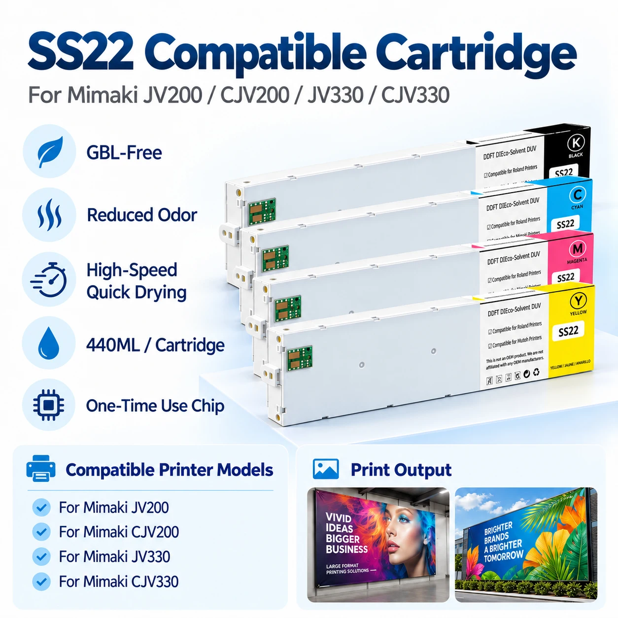 SS22 Ink Cartridge With Full Eco Solvent One Time Chip For Mimaki JV330-130 JV330-160 BK C M Y LC LM Poster Magazine Printing