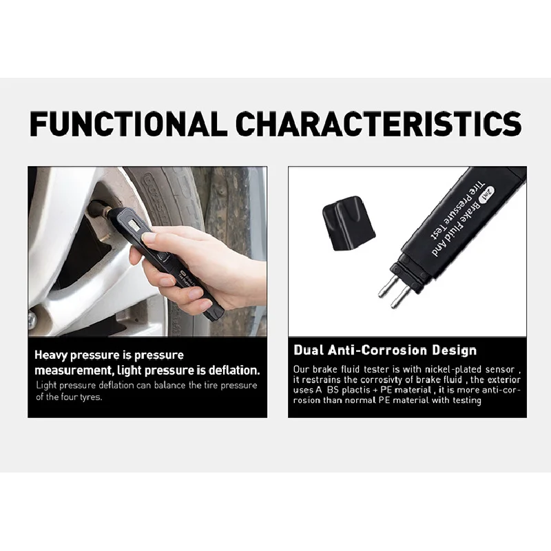 เครื่องทดสอบน้ำมันเบรกและแรงดันลมยางแบบดิจิตอล 2 in 1 พร้อมปากกาวัดความชื้นในน้ำมันเบรก