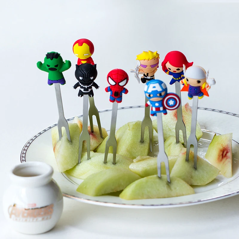 Disney Marvel Avengers Cutlery Anime Figure Iron Man Spiderman Hulk Stainless Steel Silicone 8pcs/Set Fruit Forks