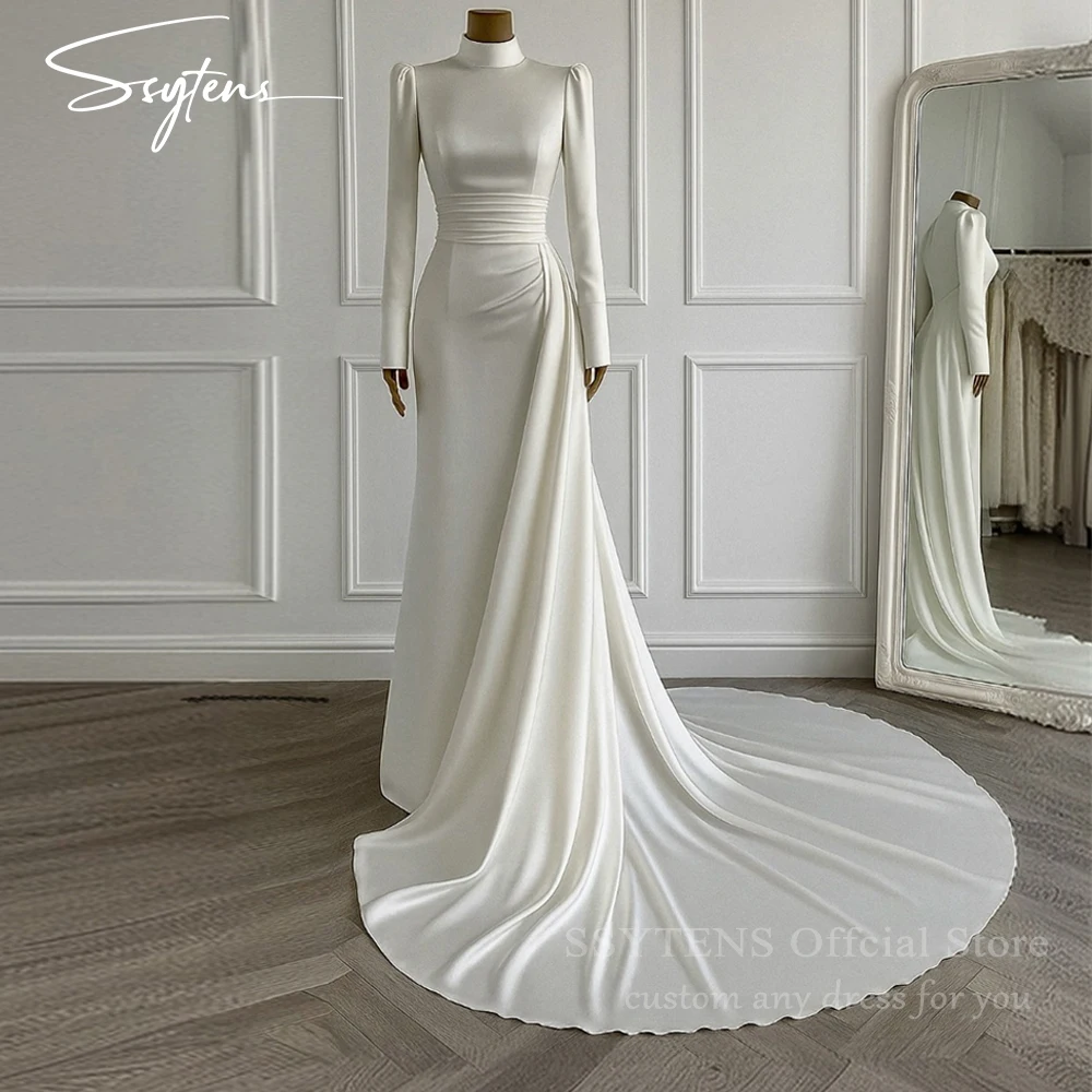 

SSYTENS Mermaid Satin Wedding Dresses High Neck Full Sleeves Bridal Dress Side Train Bride Gown Robe De Mairee ﻿2025 Customize