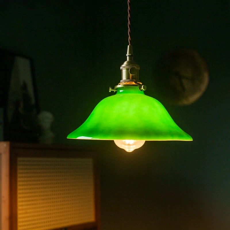 

Vintage Green Glass Copper Pendant Lights Bedroom Beside Living Room Restaurant Bar Counter Cafe Japanese Medieval Hanging Lamps