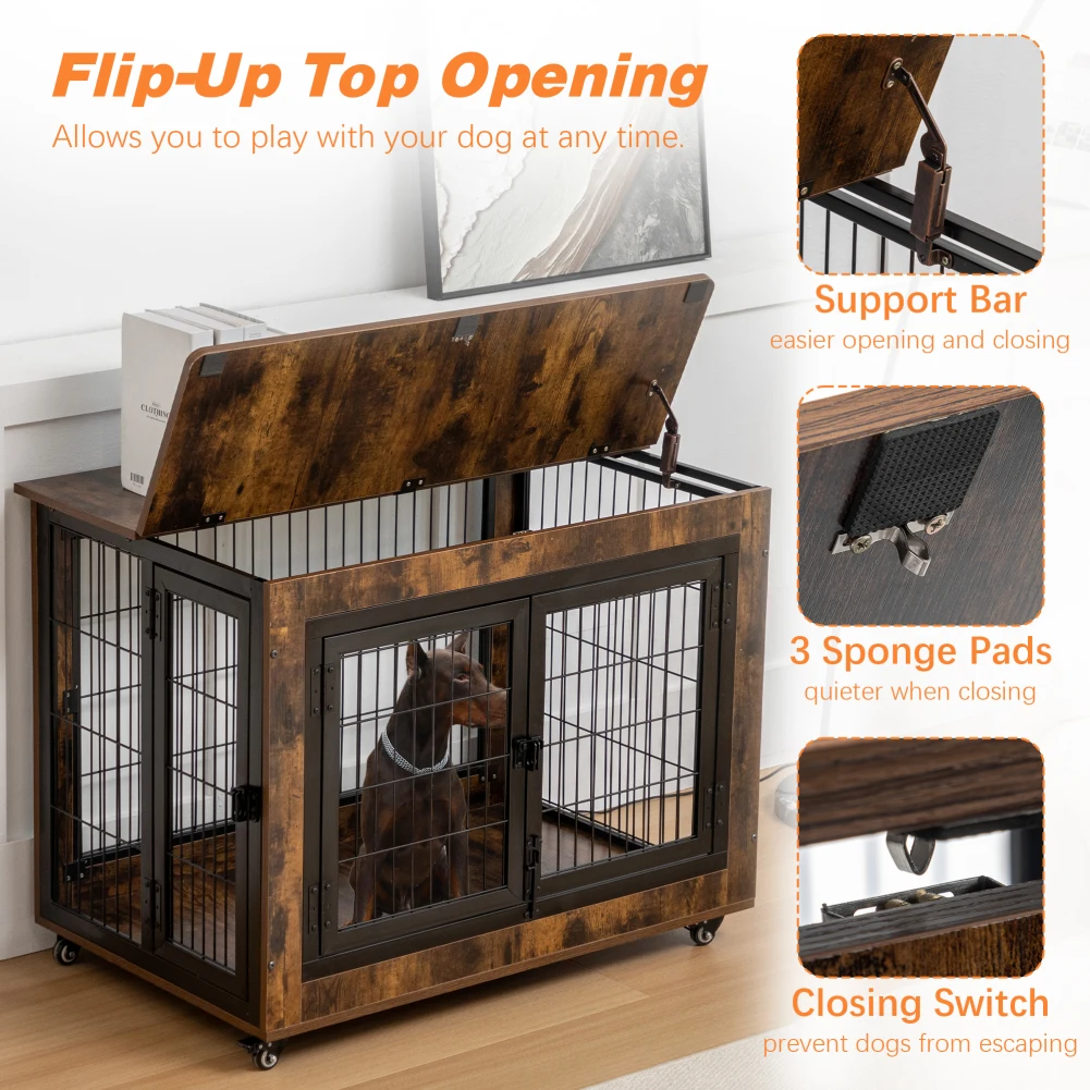 

43" Heavy Duty Dog Crate Wooden Dog Crate With Metal Frame Flip-up Opening 2 Lockable Wheels Front And Side Doors Dog Cage