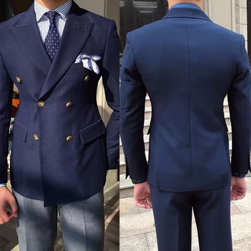 

Summer Double Breasted Men Suits Navy Blue 2025 Fashion Casual Groom Wedding Tuxedo Male Suit Slim Fit 3 Piece Set