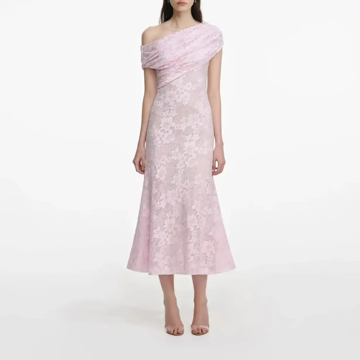 Women Lace rhinestone one shoulder sleeveless pink long dress