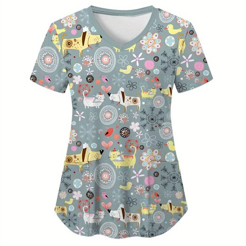 Хирургическая униформа с животным принтом, женская летняя женская одежда, модные женские хирургические скрабы, хирургические шапочки с лацканами, женские повседневные топы