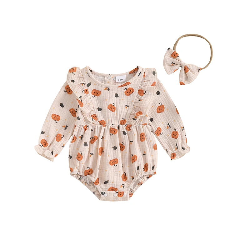 Newborn Baby Girl Fall Clothes Ruffle Long Sleeve Bubble Romper Bow Headband Cute Baby Girl  Outfit