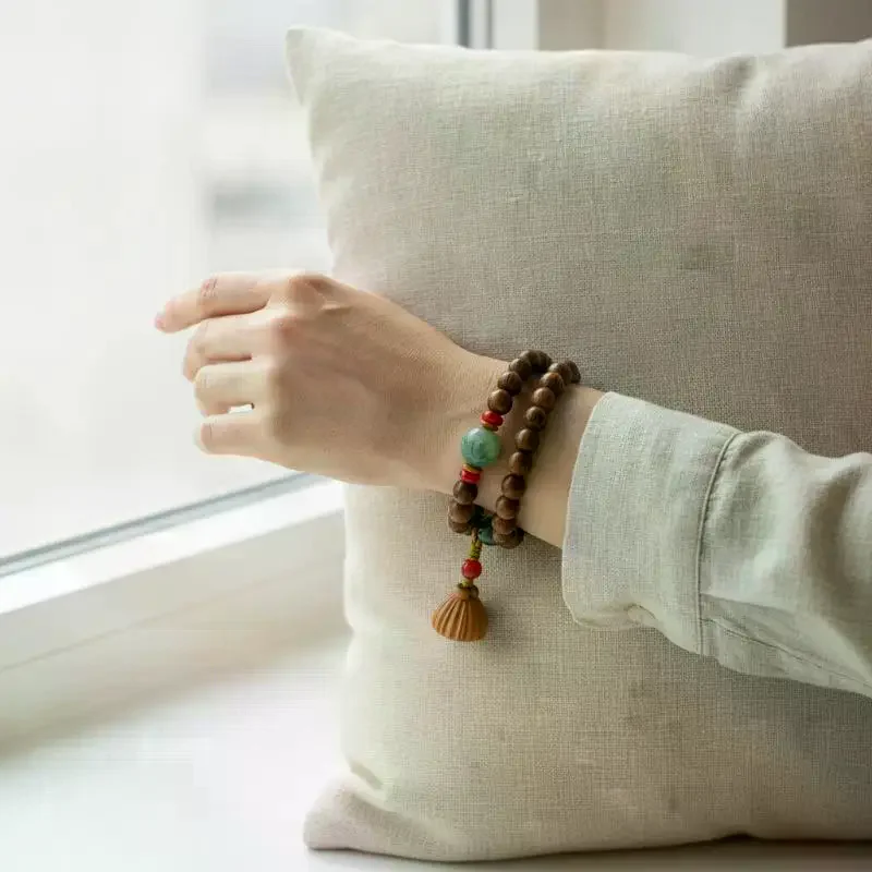 Natural Wooden Beaded Bracelet With Carved Lotus Pendant Jade Accents Perfect For Meditation Yoga Daily Wear