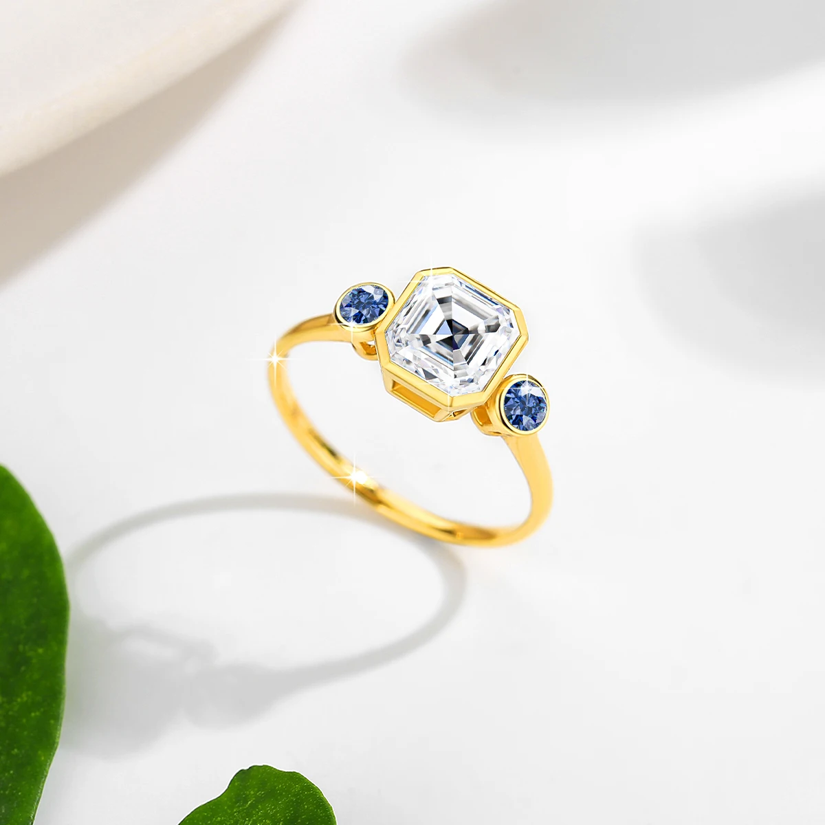 2CT Asscher Moissanite Rings for Women 14K AU585 Yellow Gold With Blue Corundum Ring for Anniversary Wedding Engagement